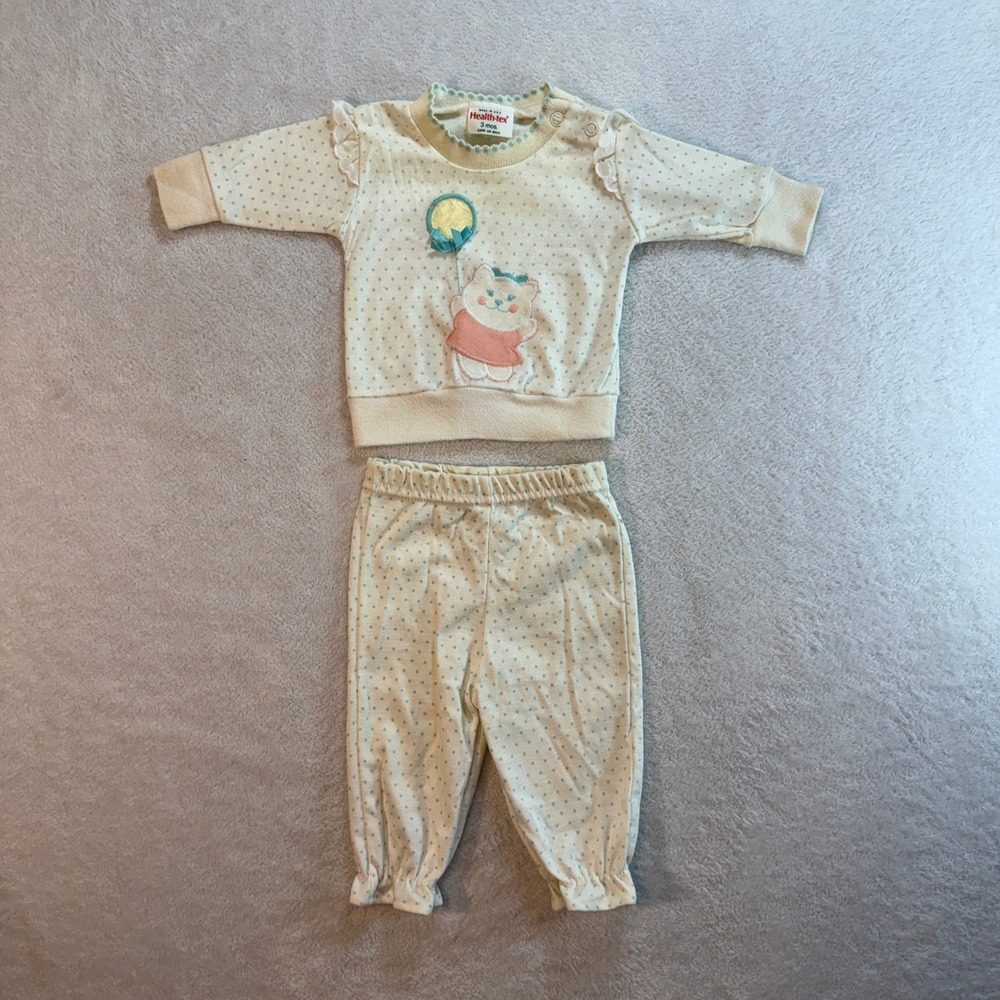 Vintage Health-tex Baby Girl 3 Months Polka Dot Cat Sweatshirt Pants Set USA